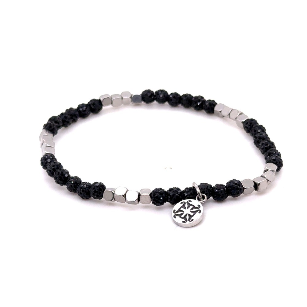 Rustic Cuff Black Beaded Stretch Bracelet Silver Tone Square Spacers Logo Charm